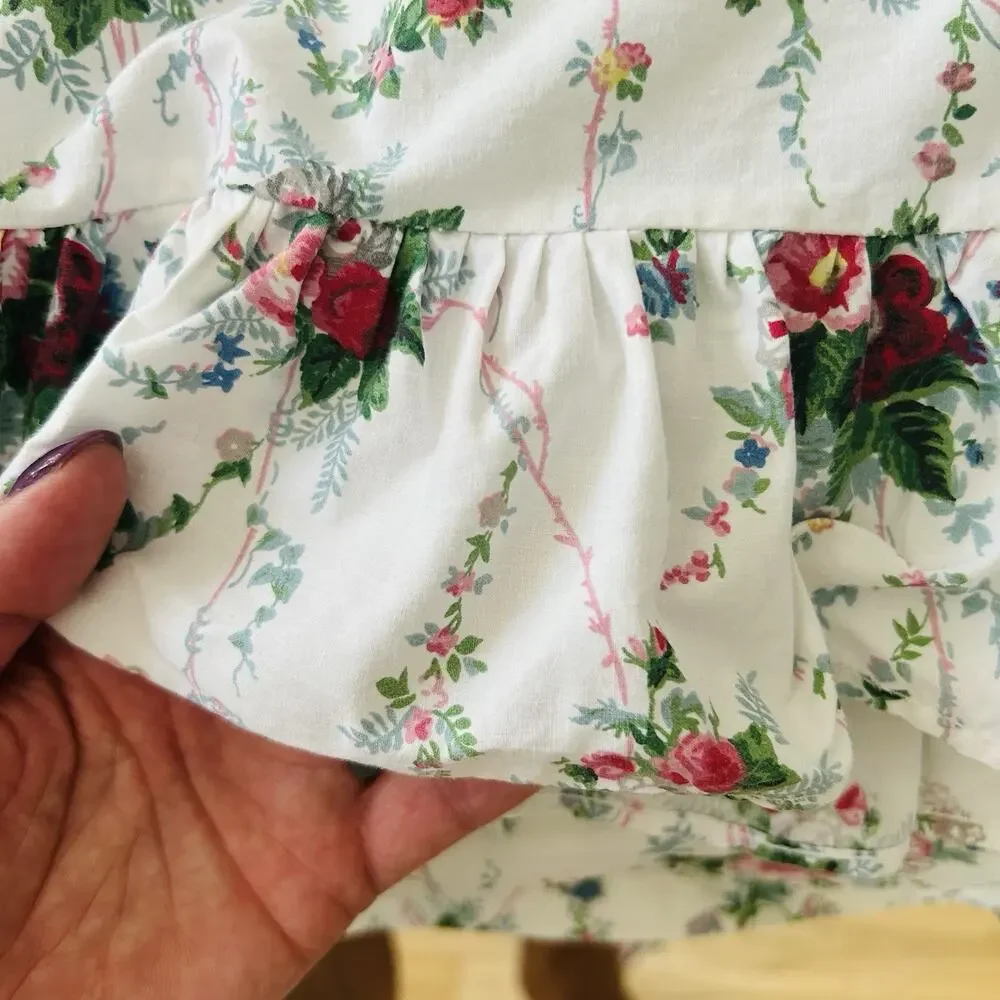 Ralph‎ Lauren Blaine Ruffled Flat Bed Sheet White Floral Cottagecore 84x96 Full